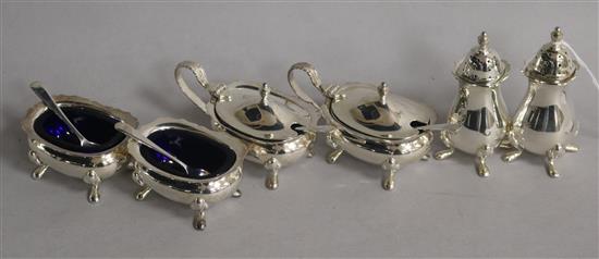 A 1970s silver six piece condiment set.